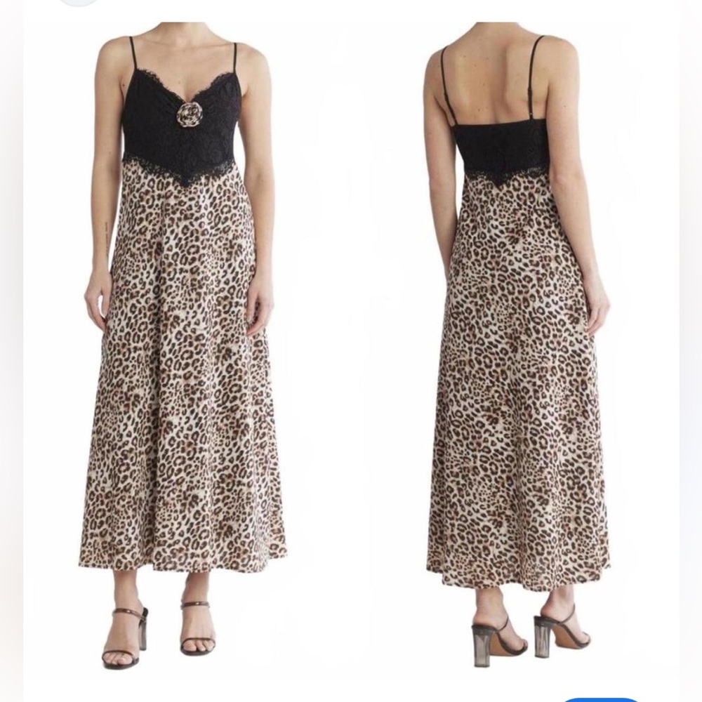 WAYF Lace Trim Slip Dress Satin Leopard Animal Print Black size Xs